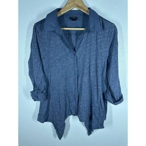 Ann Taylor Shirt Womens Medium Blue Sheer Collared Button Tunic High Low Top